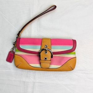 COACH STRIPED PASTEL CANVAS/LEATHER WRISTLET WITH BUCKLE DETAIL